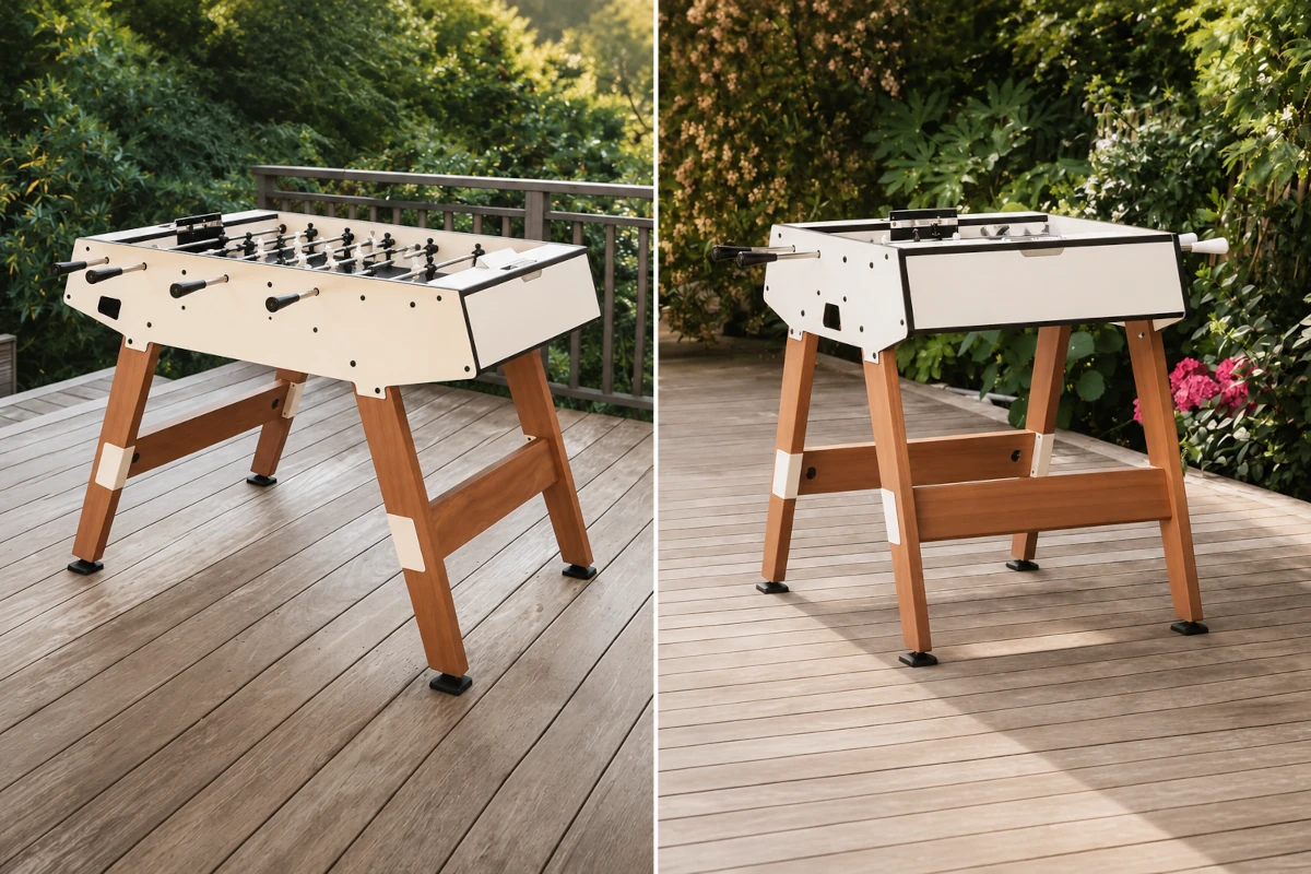 Comparaison des baby-foot d’extérieur Cornilleau Origin et Origin Duo avec pieds en bois`